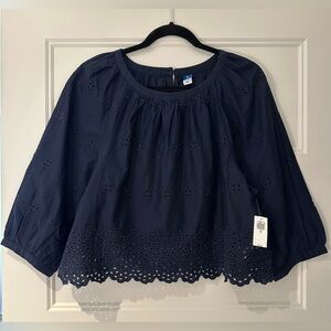 XS Navy Blue Eyelet Women's Cotton Top NWT